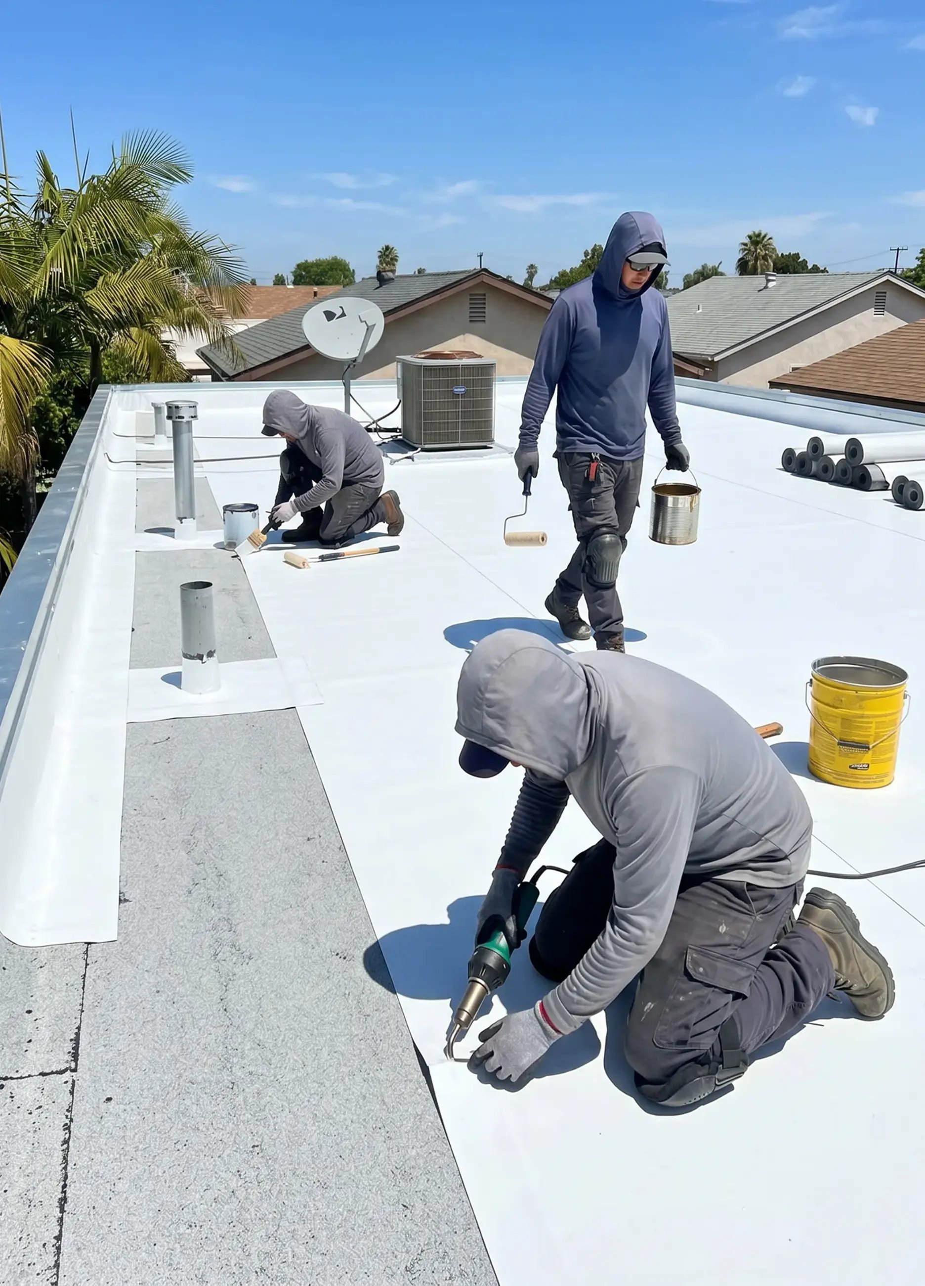 Hybrid Renovations crew installing a flat roof membrane on a home in Los Angeles
