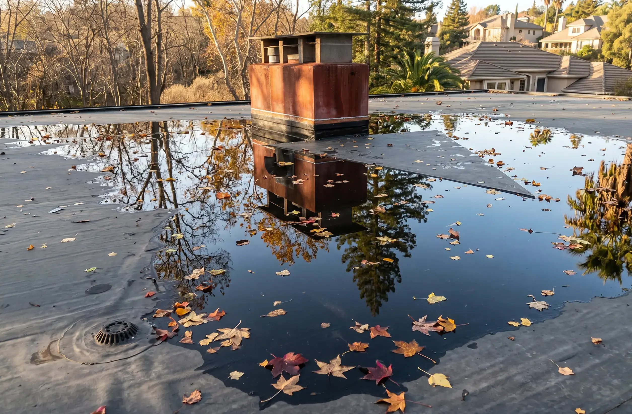 Cutaway of a flat roof with no slope holding standing water in a low spot