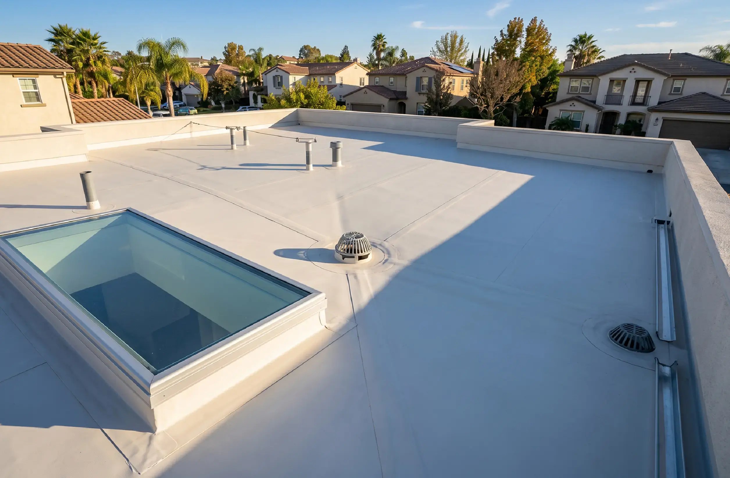 Cutaway of a flat roof with built-in slope shedding water to a scupper