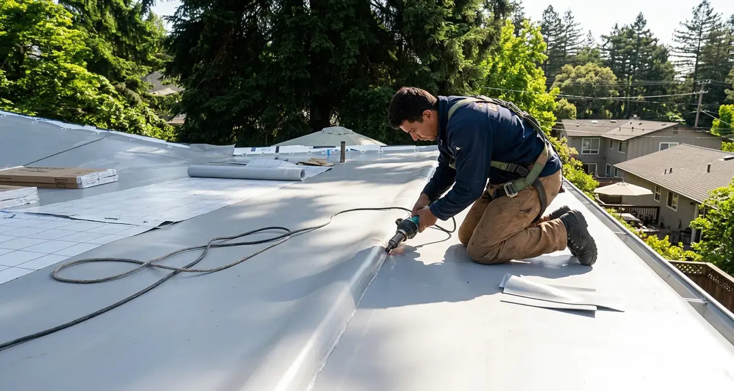 PVC single-ply membrane roof with welded seams tolerant of standing water