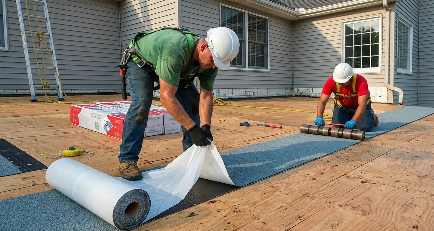 Self-adhered modified bitumen membrane installed flame-free on a home