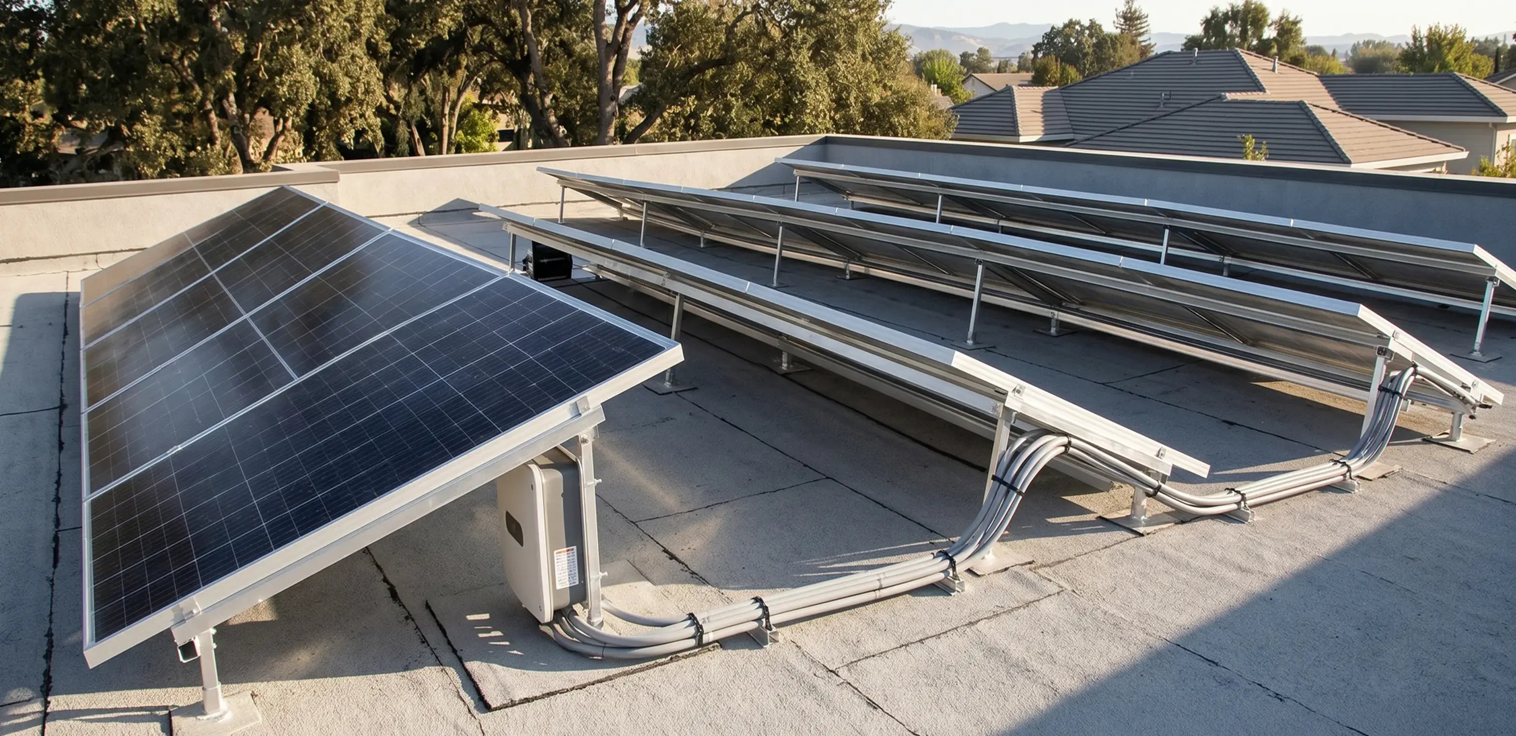 Solar panels tilt-racked on a flat roof, aimed true south in Los Angeles
