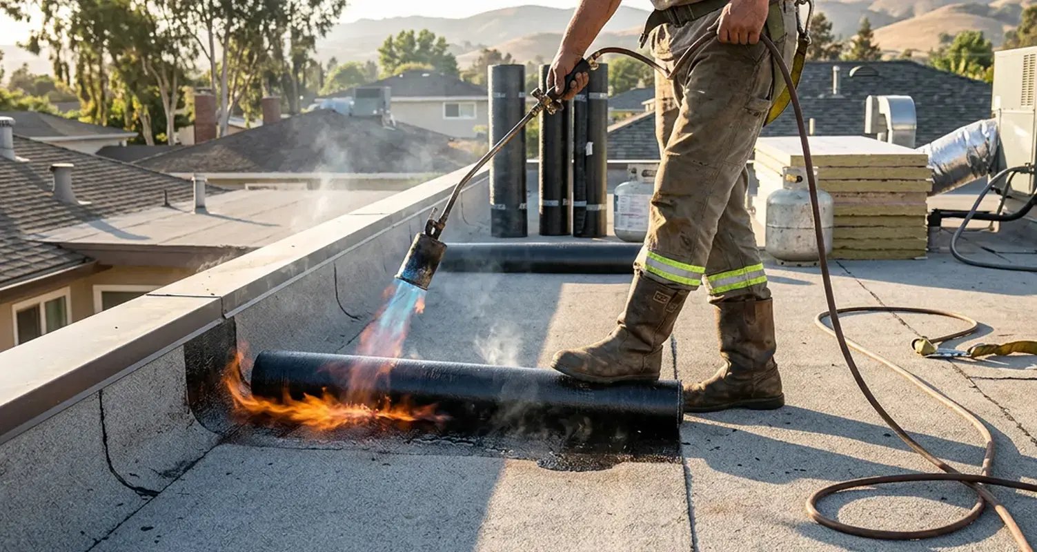 Torch-applied modified bitumen flat roof with a granulated cap sheet