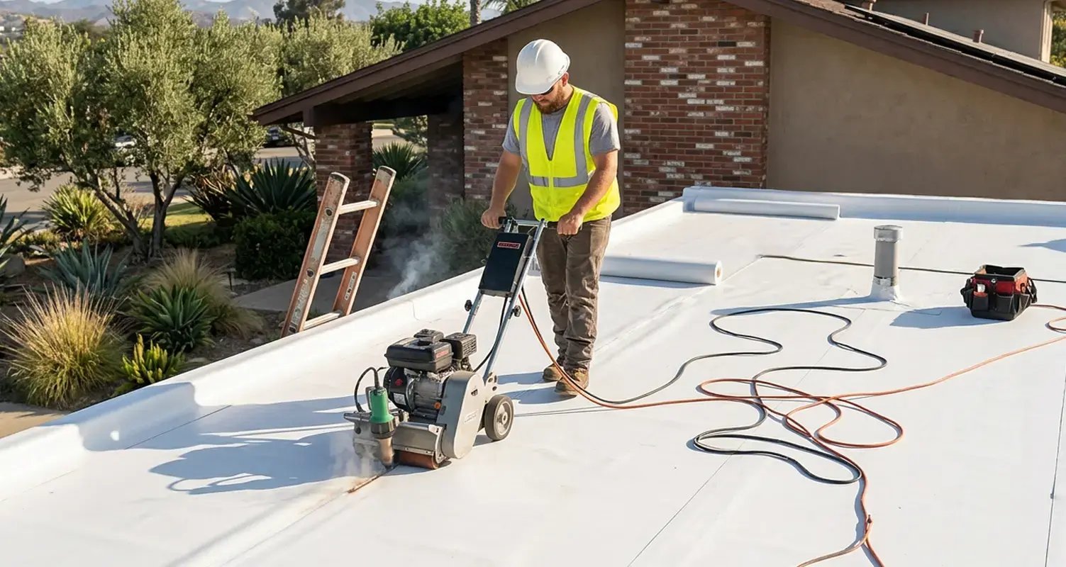 Bright white TPO single-ply membrane with heat-welded seams on a low-slope roof
