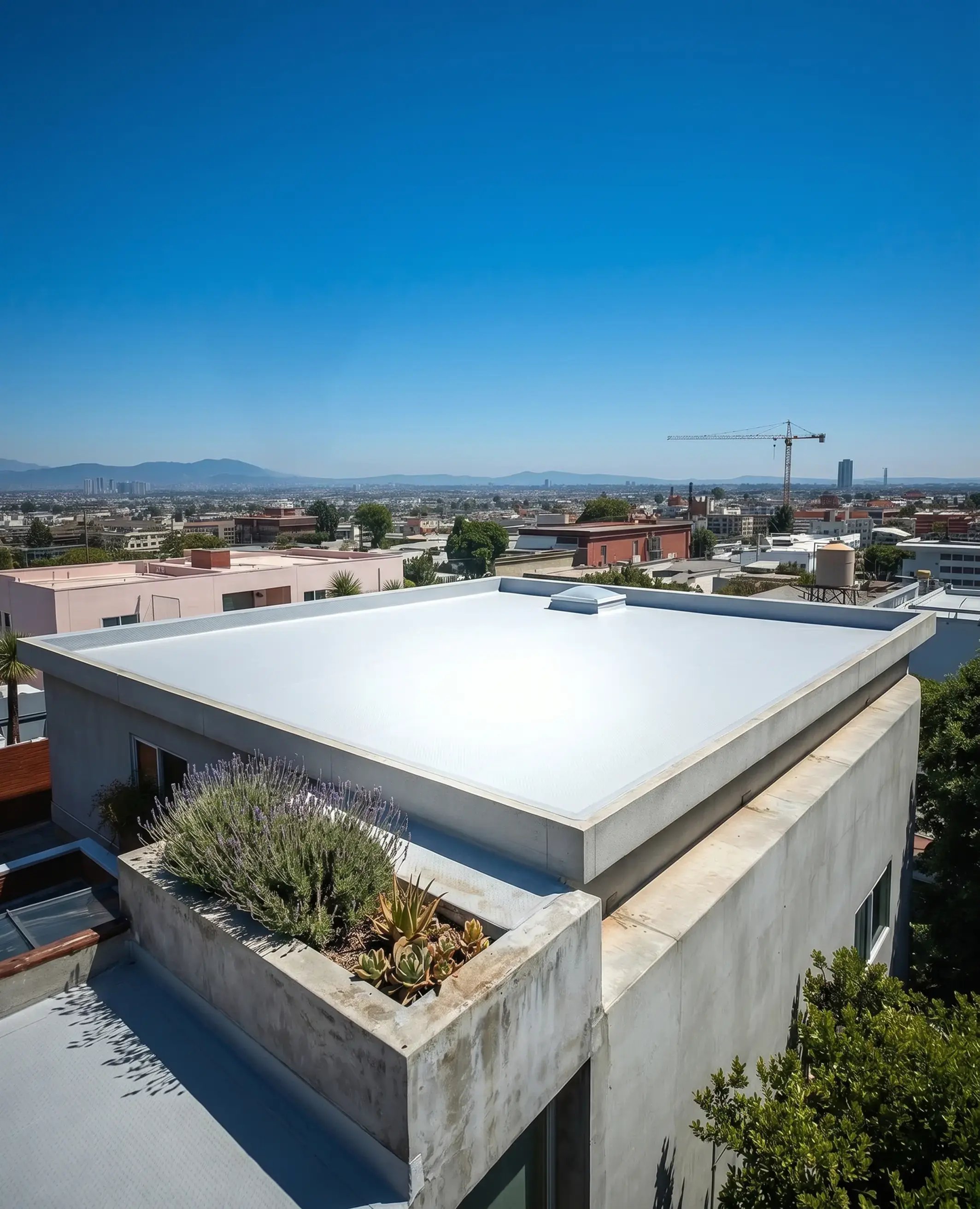 Sunlight reflecting off a white flat roof under a bright sky