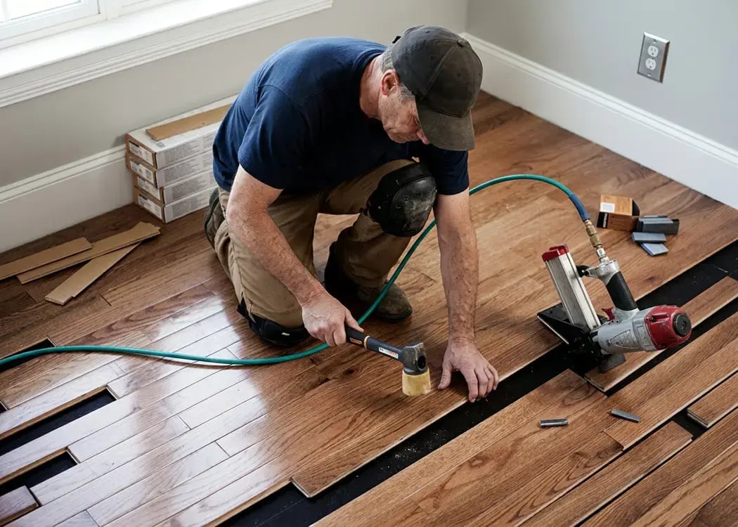 Installer nailing tongue-and-groove hardwood planks with a flooring nailer during a floor install, Hybrid Renovations