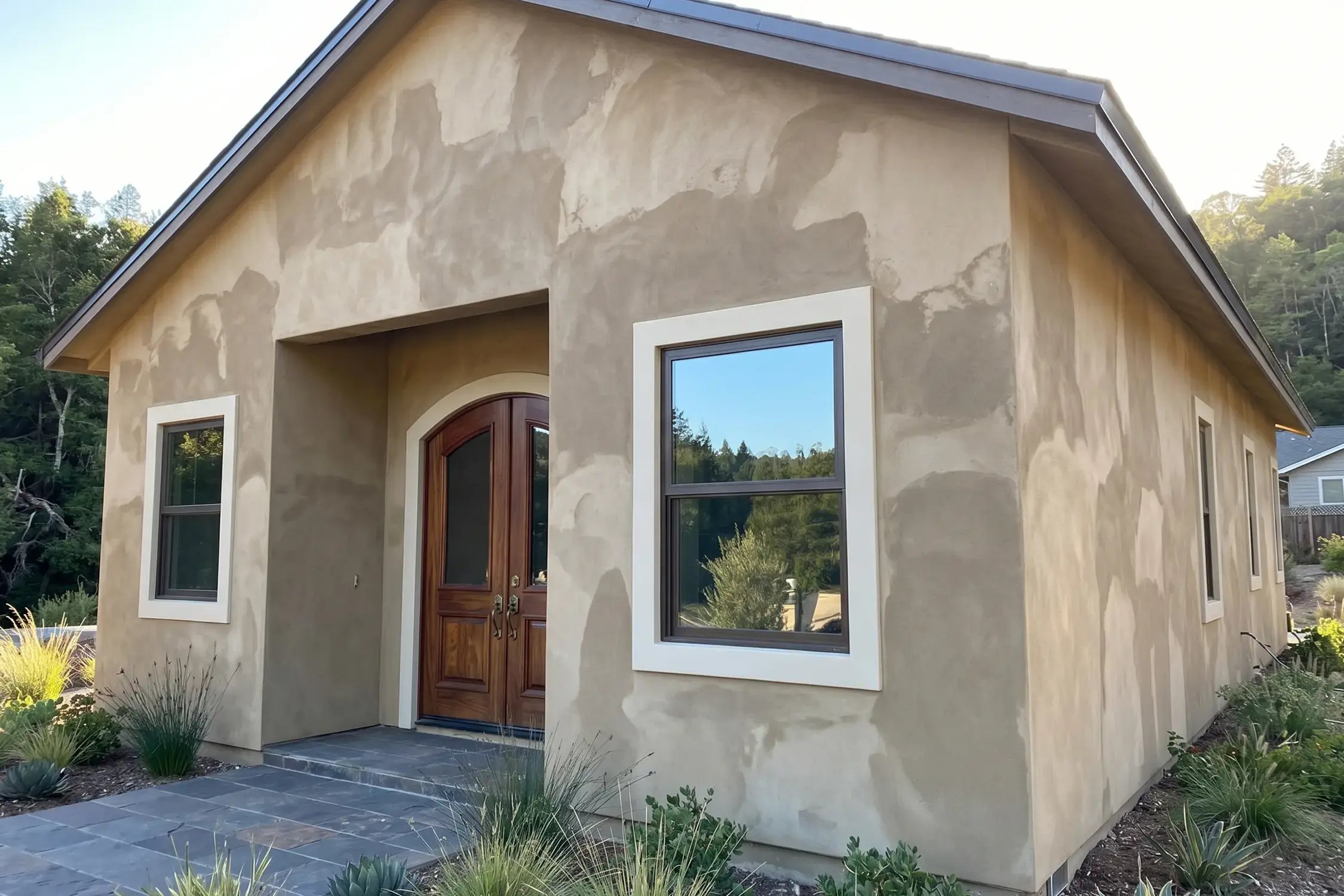 Full exterior wall being re-stuccoed on a single-family home during a whole-home re-stucco