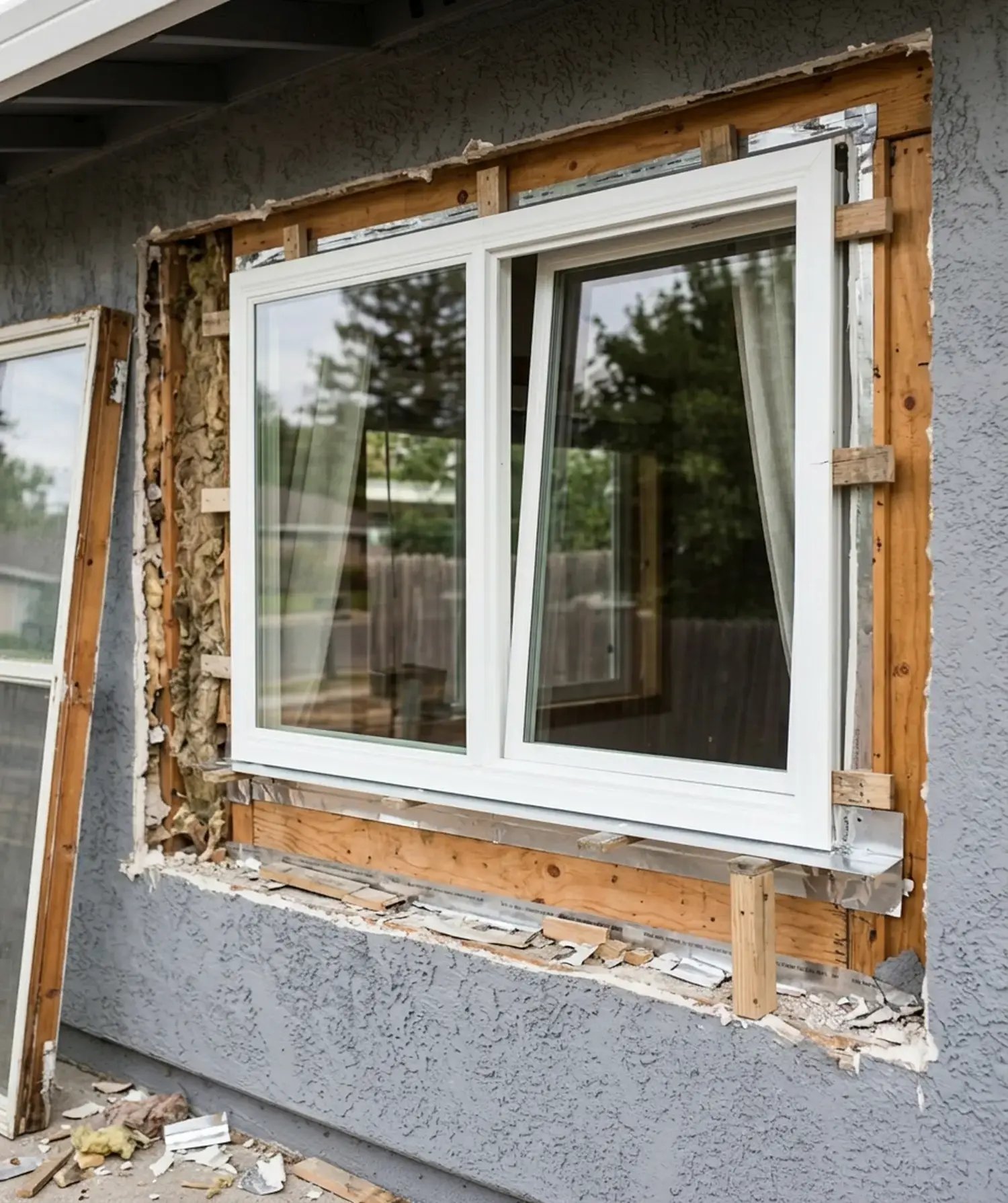 White window set in an opening stripped to the framing during a full-frame window installation — Hybrid Renovations general contractor