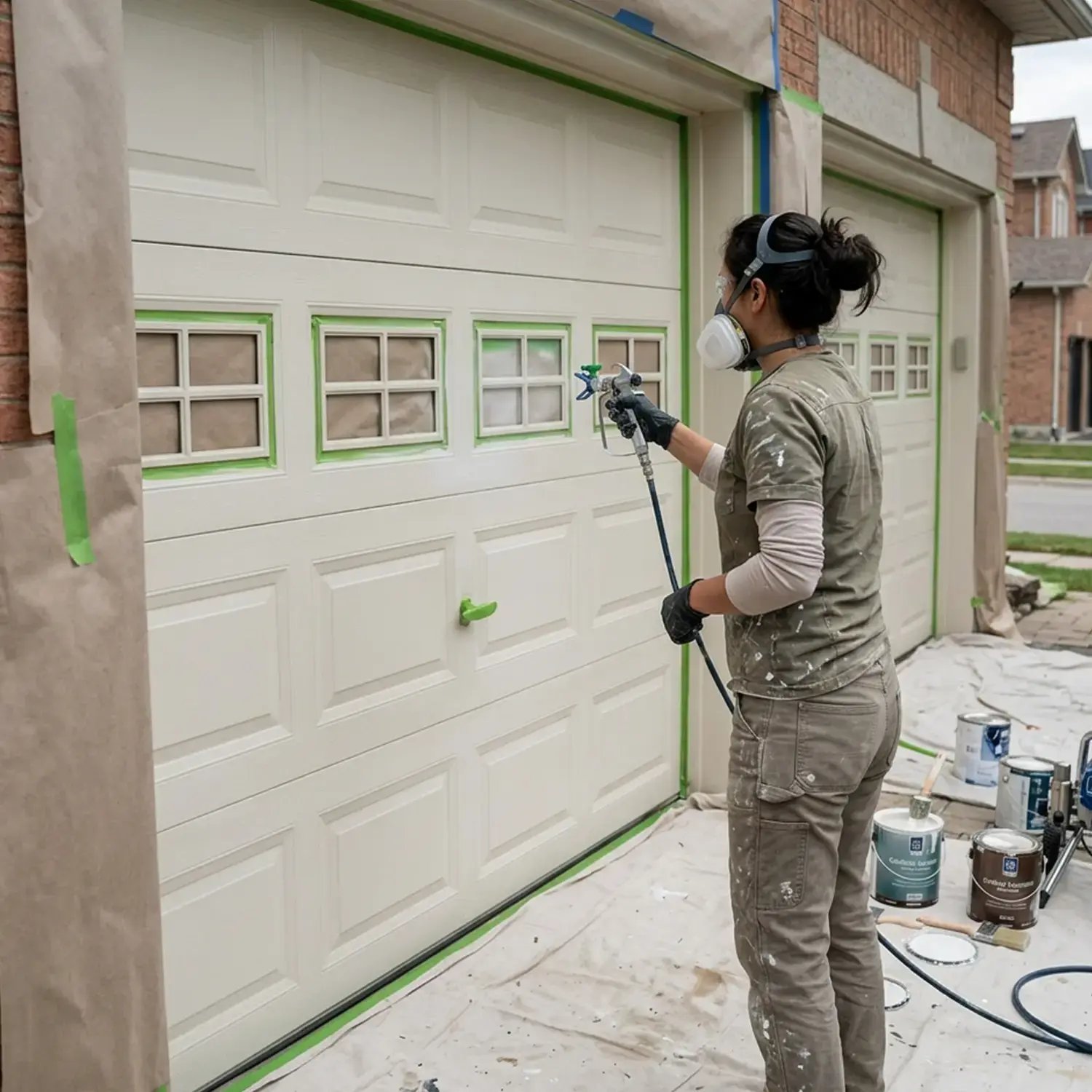 Painter in a respirator spray-painting a residential garage door white during an exterior repaint