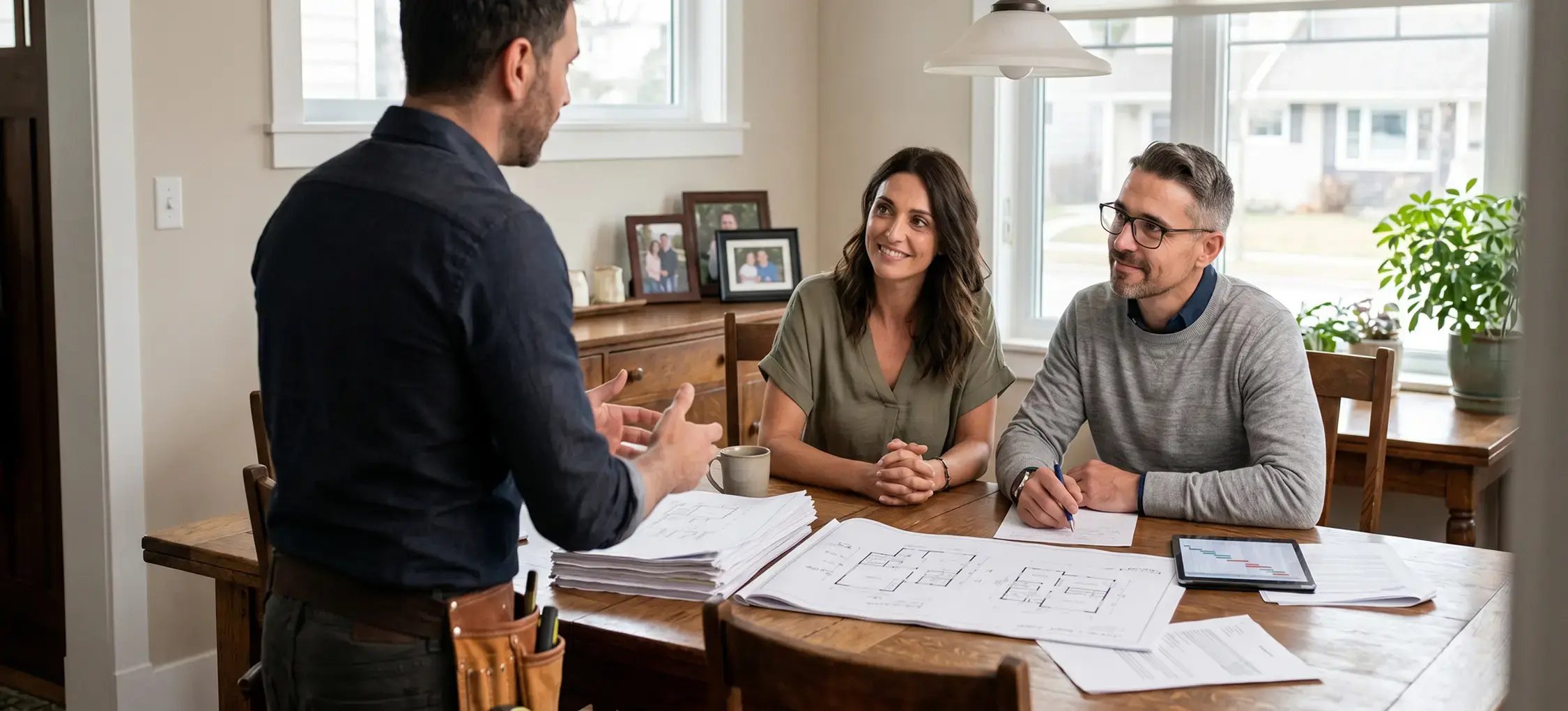 Couple reviewing renovation plans at their dining table with a Hybrid Renovations project manager