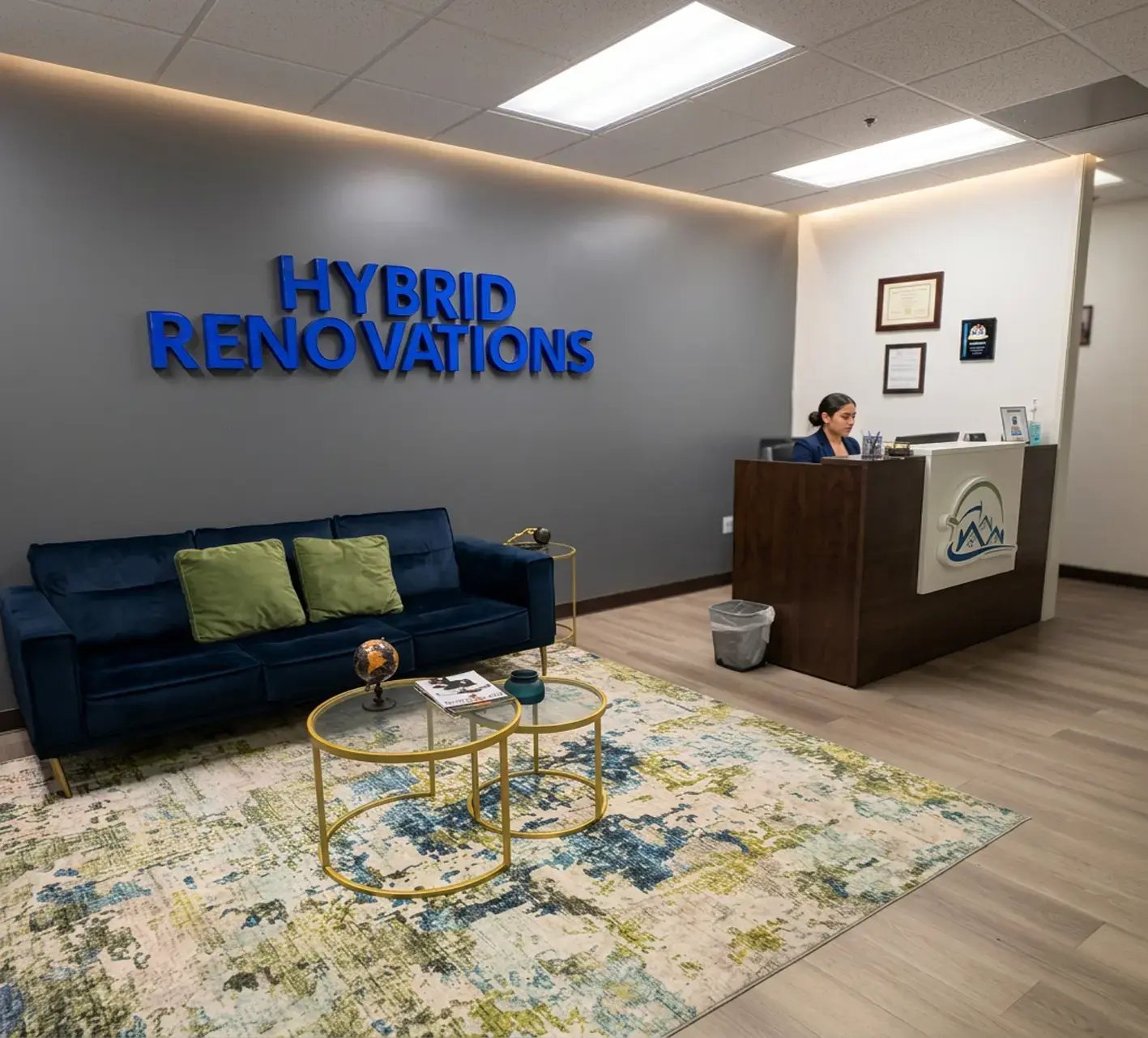 Hybrid Renovations office reception area with a branded wall sign, navy sofa, and front desk