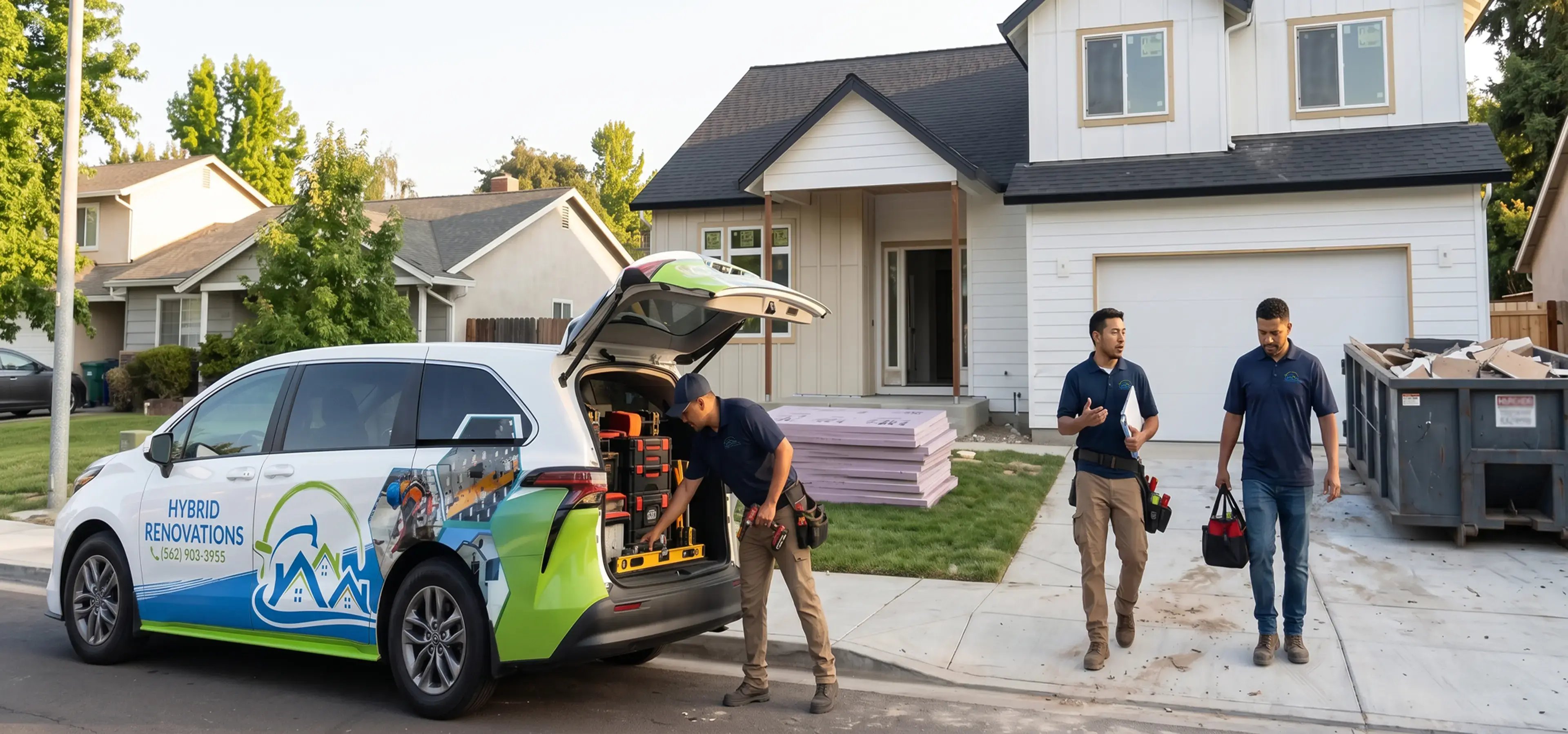 Hybrid Renovations van parked outside a home as the team prepares the property for a residential remodeling project.