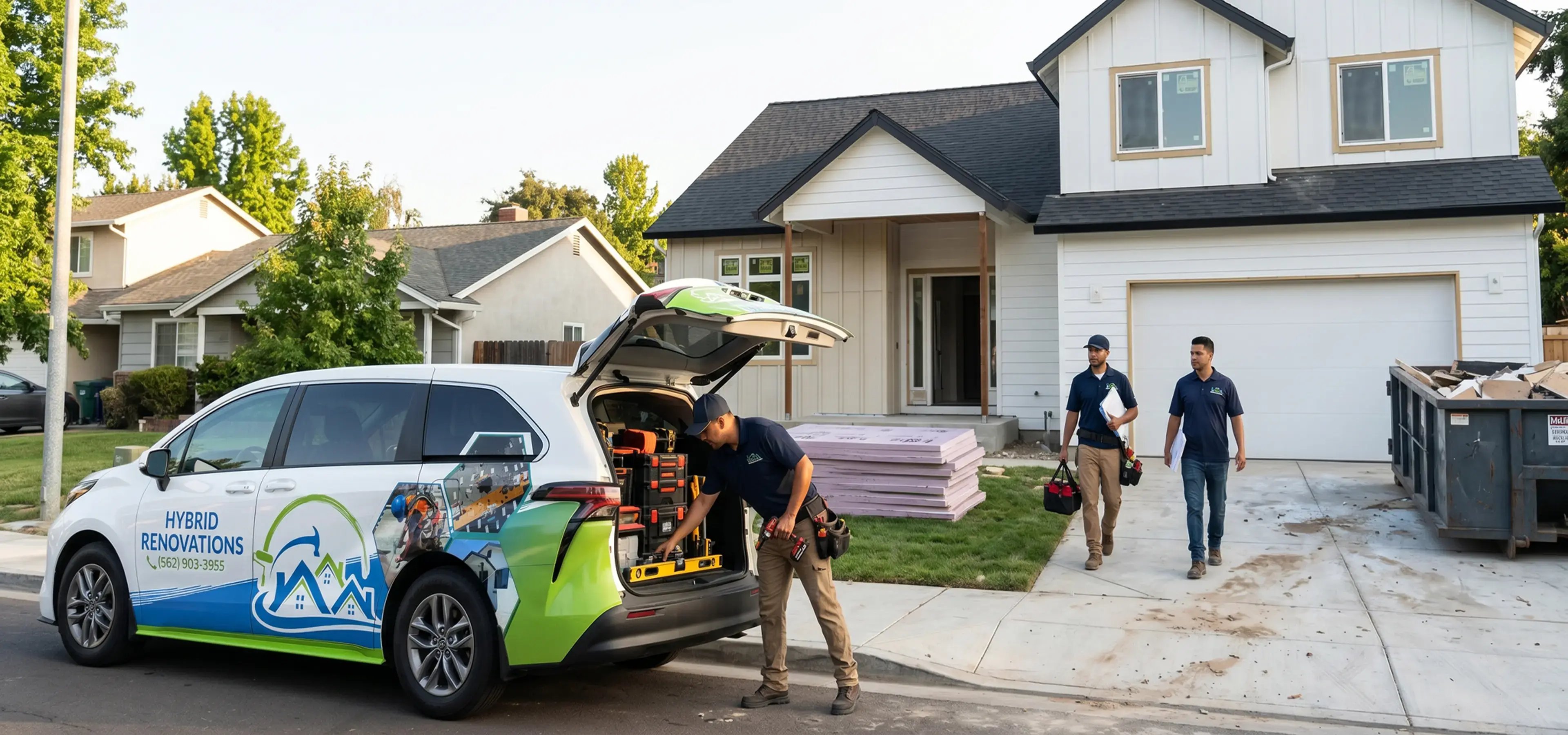 Hybrid Renovations van parked outside a home as the team prepares the property for a residential remodeling project.