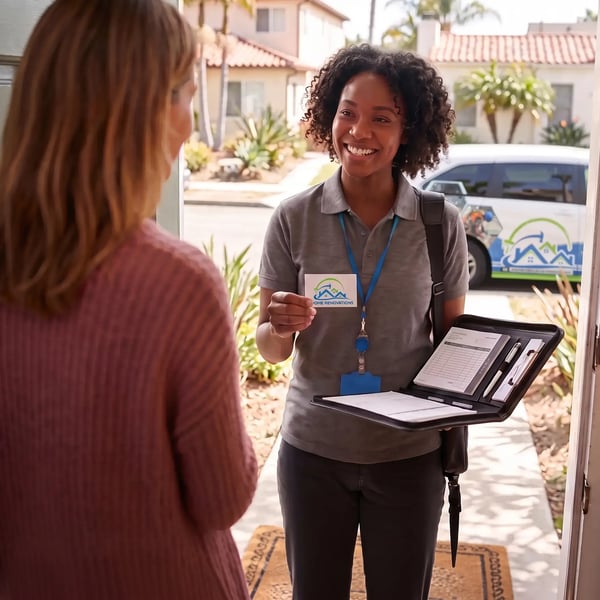 Project manager with a portfolio greeting a homeowner at the front door for a free in-home consultation