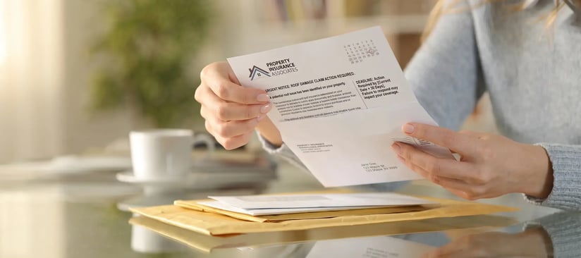 Homeowner holding an insurer notice about roof condition showing a printed response deadline and a calendar