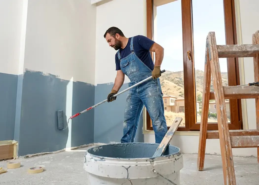 Painter rolling blue paint onto a two-tone interior accent wall beside a paint bucket and ladder mid-project