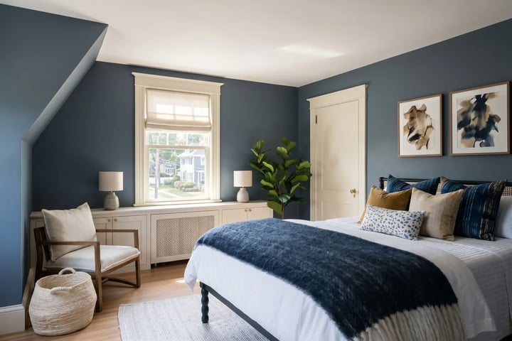 Slate-blue bedroom walls with white ceiling and cream trim after residential interior painting — Hybrid Renovations