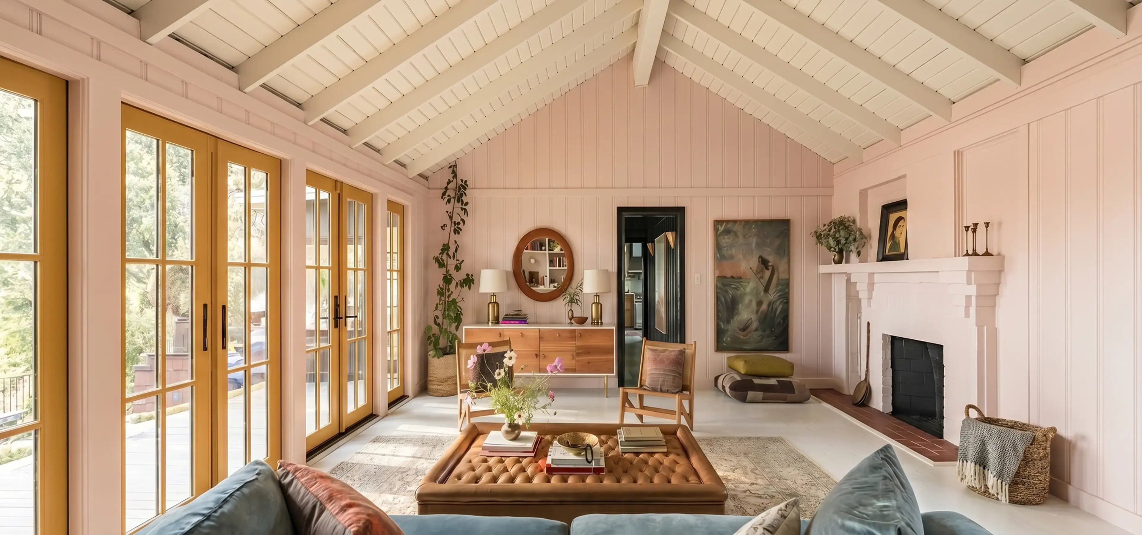 Blush pink living room walls with a white vaulted plank ceiling after residential interior painting — Hybrid Renovations