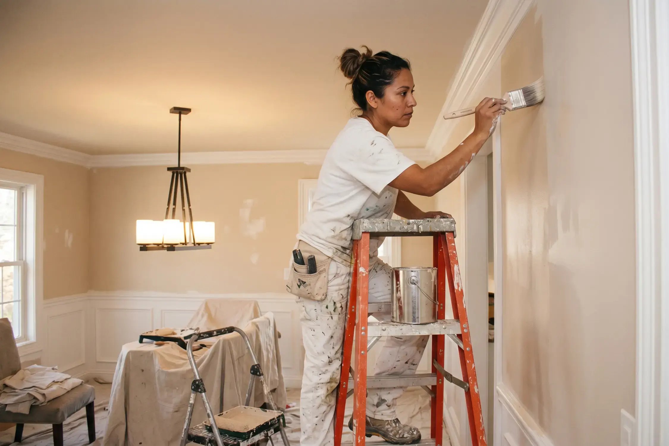 Painter on a step ladder brushing a fresh coat onto an interior dining room wall and white trim