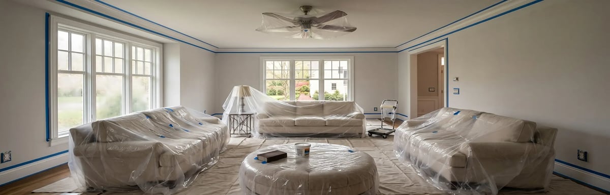 Living room furniture wrapped in plastic and trim taped off during interior painting prep