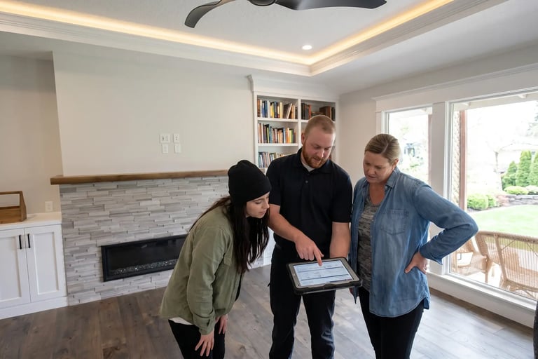 Contractor reviewing a painting estimate on a tablet with two homeowners during an in-home consultation