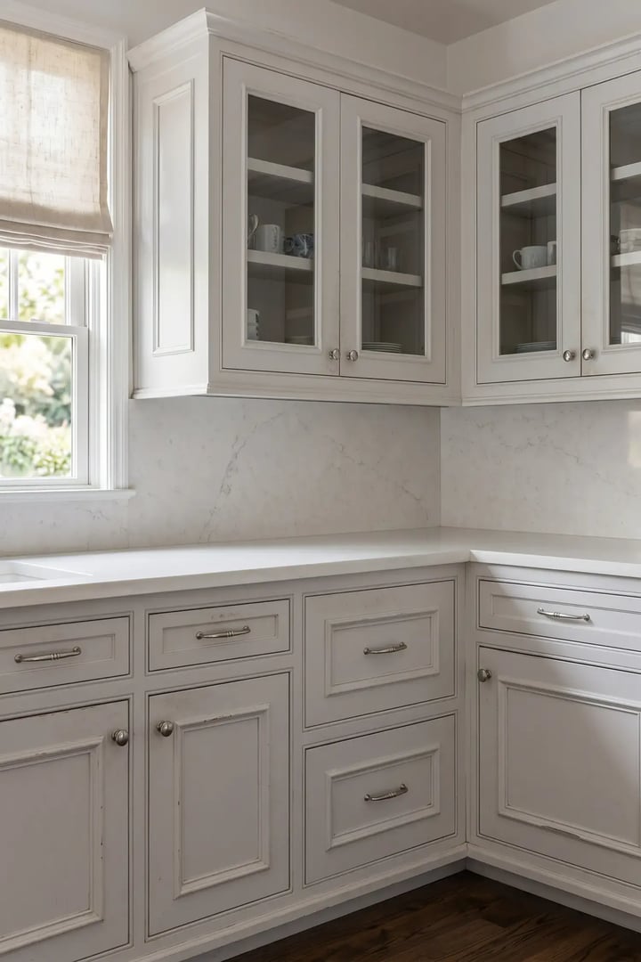 Slate-blue raised-panel kitchen cabinets with brass hardware before cabinet repaint