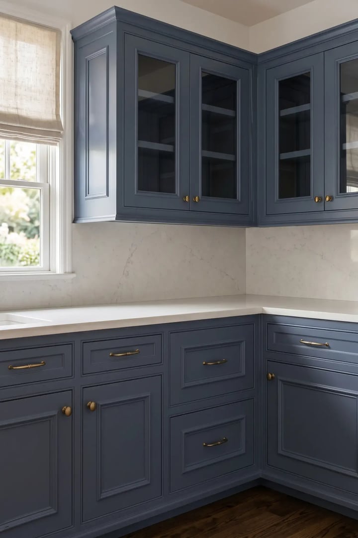 Off-white repainted kitchen cabinets with nickel hardware after residential cabinet painting — Hybrid Renovations