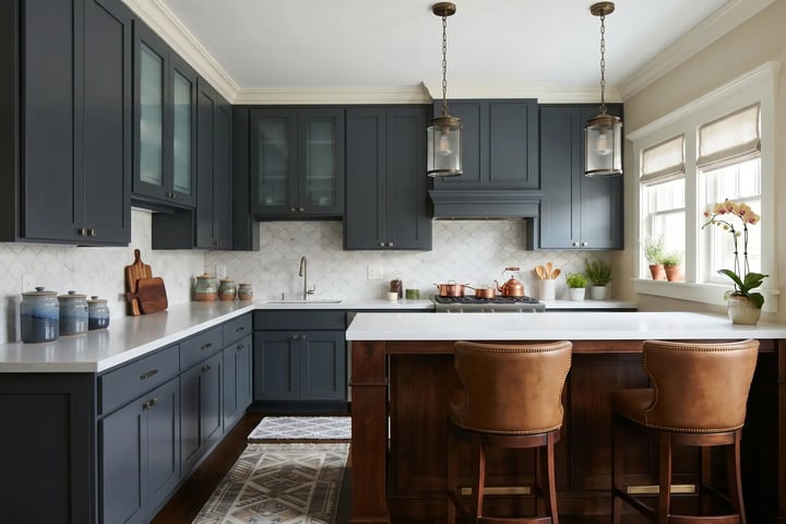 Navy-blue painted kitchen cabinets with white quartz counters after interior painting — Hybrid Renovations