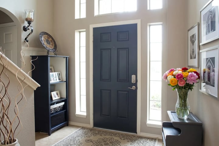 Navy-painted six-panel entry door framed by white trim and casing after interior door and trim painting