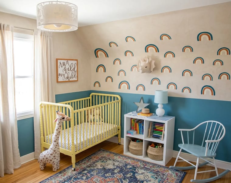 Two-tone nursery with teal lower walls and cream upper walls after residential interior painting — Hybrid Renovations