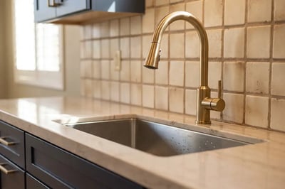 Stainless undermount sink and brushed brass pull-down faucet against cream tile after a kitchen remodel