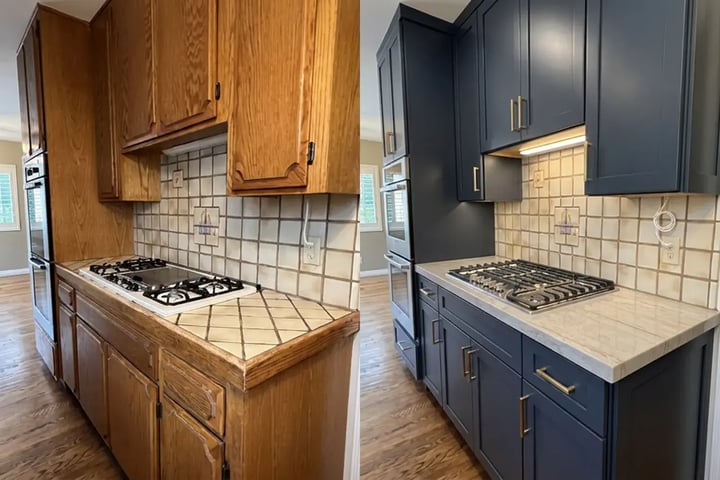 Before and after kitchen cabinets refinished from oak to navy with a new stone countertop and cooktop