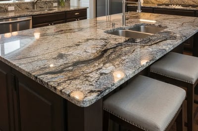 Veined brown and grey granite island countertop with an undermount sink and rounded edge