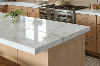 White marble kitchen island countertop with grey veining and a thick mitered edge