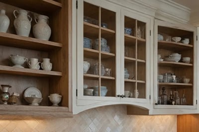 Custom glass-front upper cabinets with divided lights beside open oak display shelving