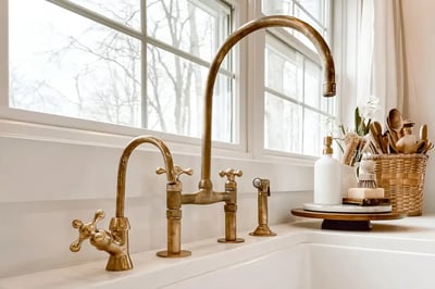 Unlacquered brass bridge faucet with cross handles and a side sprayer at a kitchen window