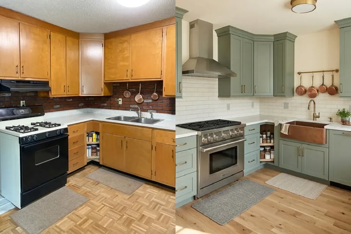 Before and after full kitchen replacement in the same layout with sage green cabinets and subway tile