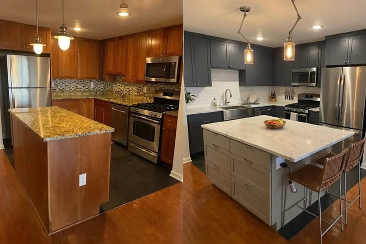 Before and after kitchen layout change with the sink relocated to the island and new pendant lighting