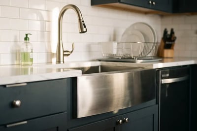 Stainless farmhouse apron sink and pull-down faucet in a kitchen after the plumbing was relocated