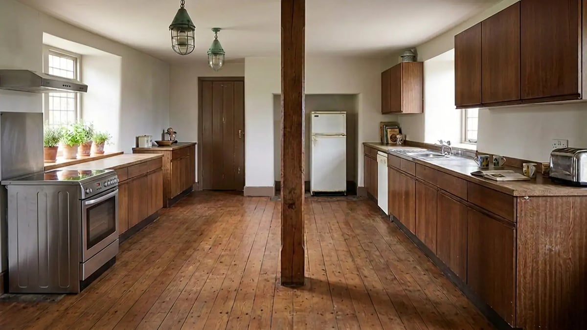 Narrow galley kitchen with dark cabinets and a timber post before an open concept remodel