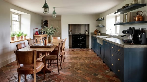 Open kitchen and dining area with navy cabinets and a range recess after wall removal