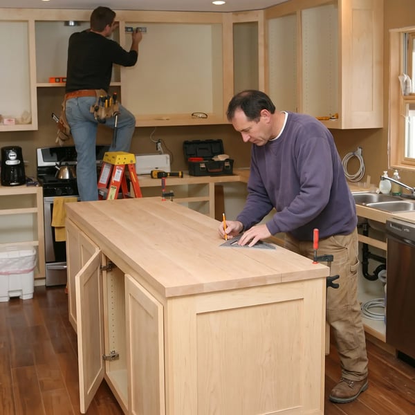 Two carpenters installing kitchen cabinets and marking out a new island during the build stag