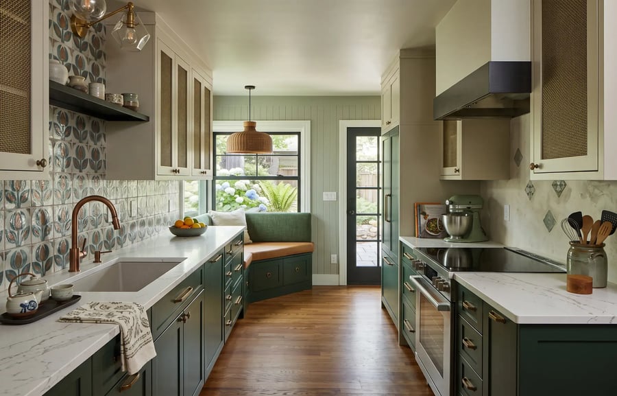 Finished galley kitchen with forest green cabinets, floral tile backsplash, and a window banquette by Hybrid Renovations