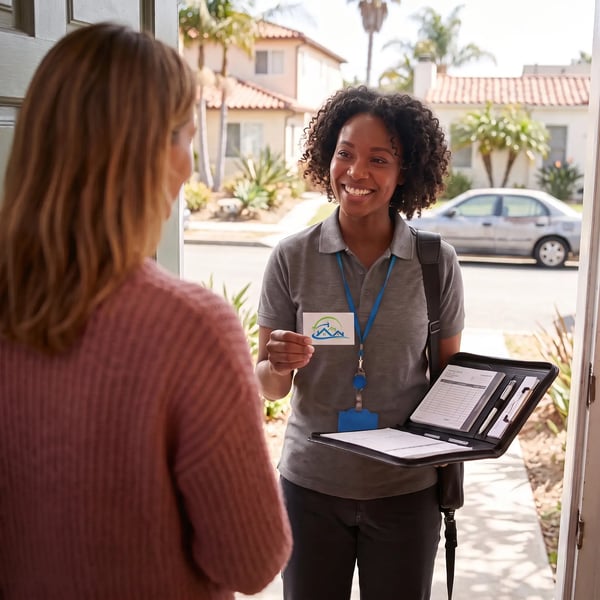 Project manager handing a card to a homeowner at the front door for an in-home kitchen consultation