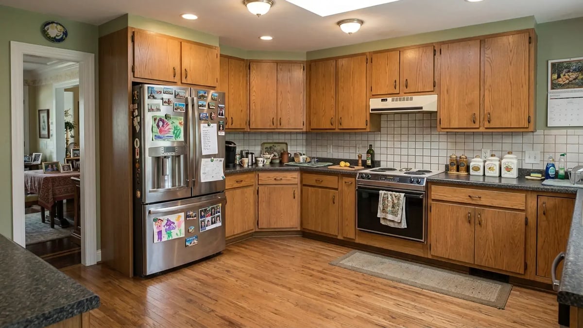 Oak flat-panel cabinets, laminate counters and a freestanding electric range before a remodel
