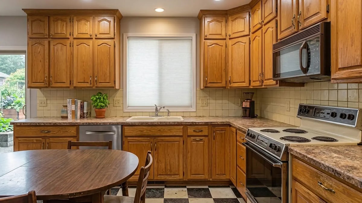 Oak raised-panel cabinets, laminate counters and beige tile backsplash before a kitchen remodel