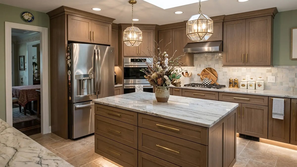 Stained oak cabinets, a marble island and stainless wall ovens after a kitchen layout change