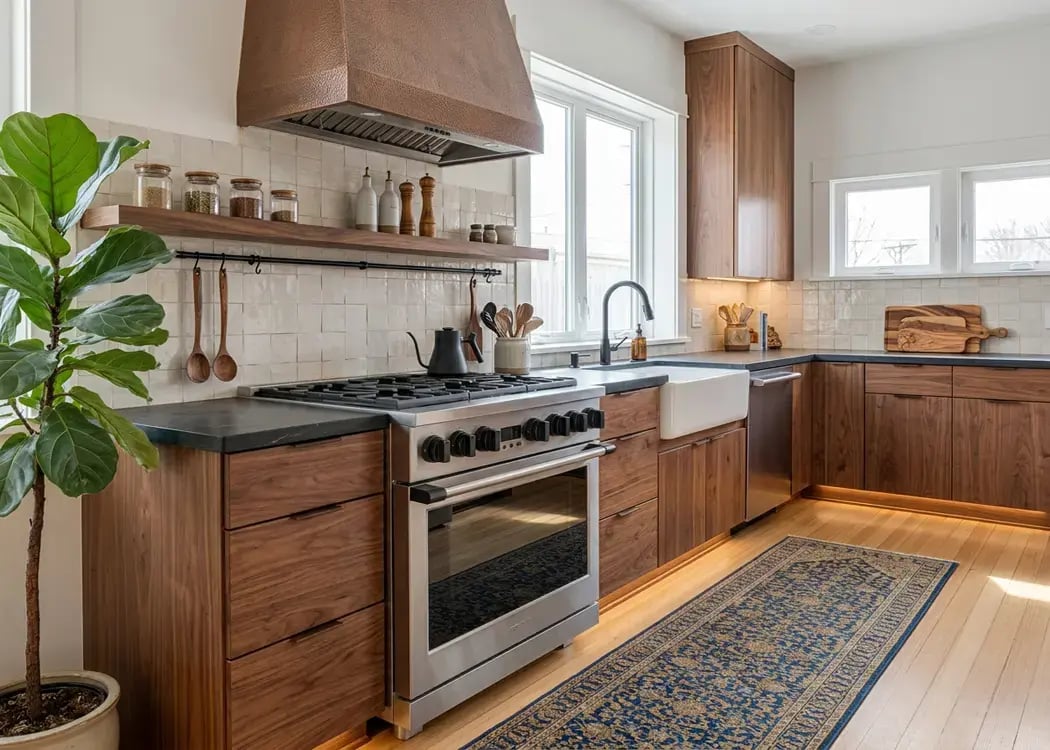 Finished kitchen remodel with walnut cabinets, a white zellige backsplash, and a copper range hood, Hybrid Renovations