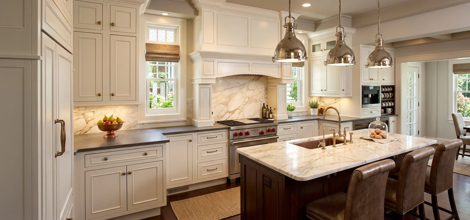 Remodeled kitchen with white inset cabinets, a marble island and polished nickel pendants over bar seating