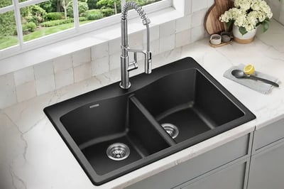 Black granite composite double bowl drop-in kitchen sink with a pull-down spring faucet